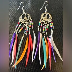 Dream catcher dangle earrings  and beaded expandable bracelet multi colored